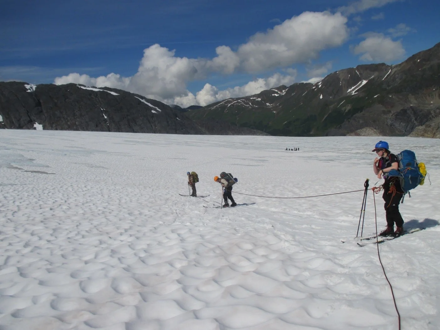 Typical rope team of four people with skis. From left to right: Annika, Annie (Lynx), and Louise. Photo by Sämi Hepner