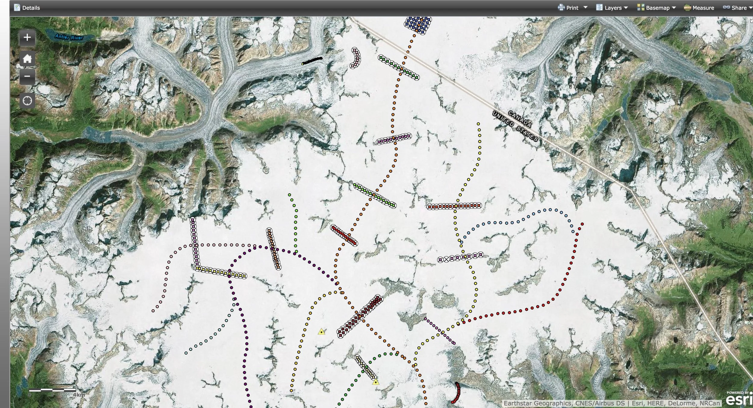A map of the center of the Juneau Icefield with GPS survey profiles. The longitudinal profiles are represented with the dots running down the center lines of the glaciers. The transverse profiles are the block line sections running perpendicular to the longitudinal profiles. By collecting different data along both types of transects, we can paint a picture of elevation change over the entire area.
