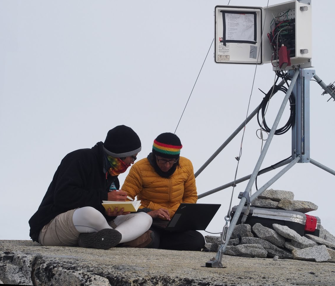 Student Joel Gonzales-Santiago and faculty member Lindsey Nicholson download meteorological data from a weather station. Photo credit: Allen Pope.