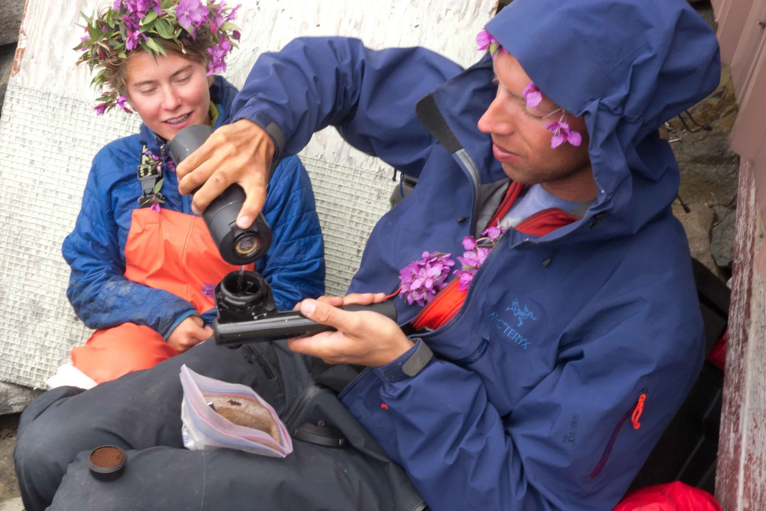 JIRP 2015 staffers Annika Ord and Adam Toolanen enjoy an espresso at Camp 26 - demonstrating the luxury of a hot beverage from a small thermos. Although we don't recommend packing the Handpresso and pounds of ground espresso all summer, we sure did appreciate Adam making the effort in 2015! Photo: Matt Beedle