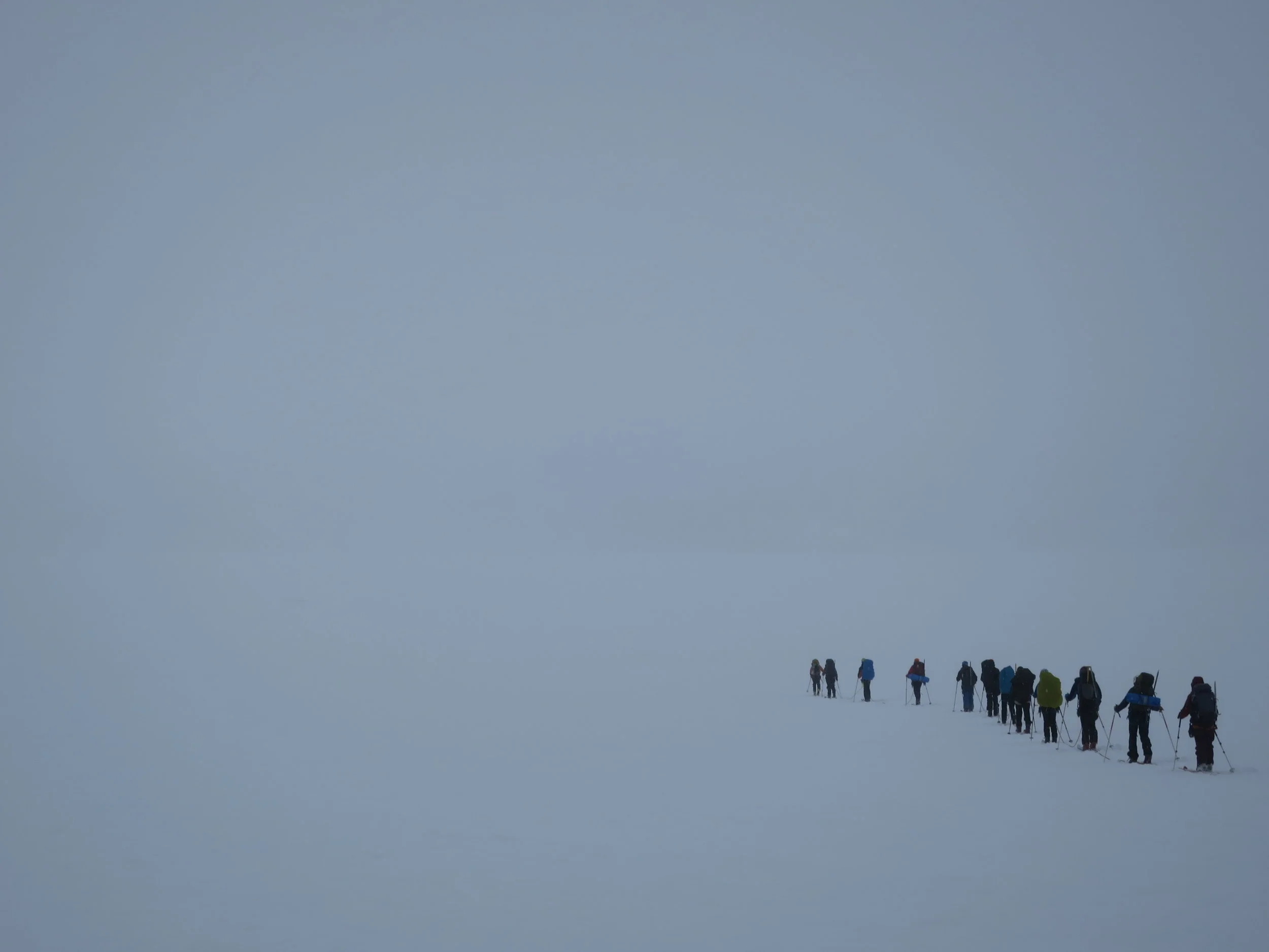 Trail Parties 1 and 2 merged to ski the length of the Southwest Branch of the Taku Glacier on Day 2 of the traverse to Camp 10. PC: Bryn Huxley-Reicher