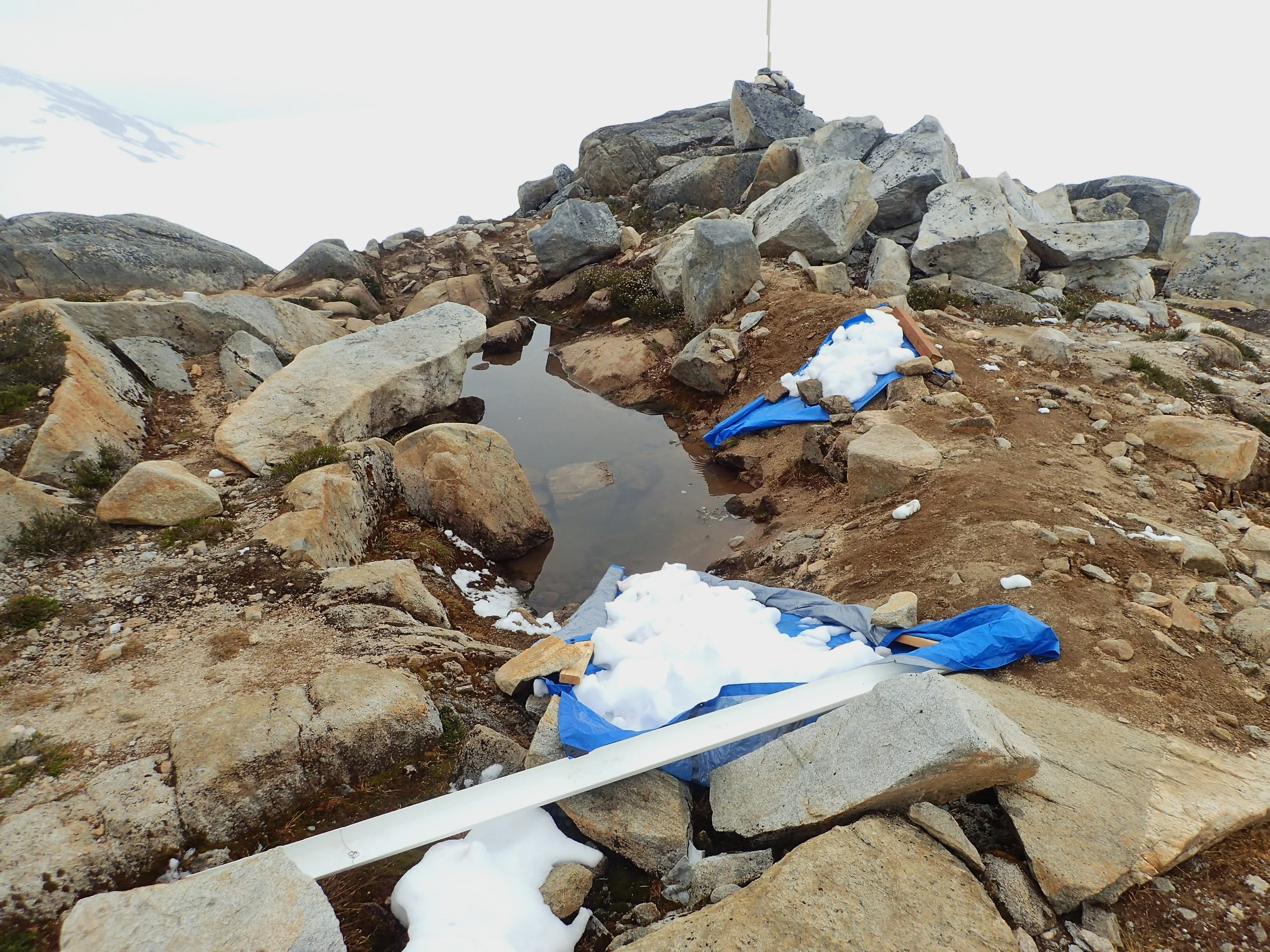 The above photo shows the water supply system set up at Camp 10. The pond acts as the main water source, and additional tarps have been set up to drain water into the pond, as the snow directly surrounding the pond has melted. Photo credit: Ann Hill.