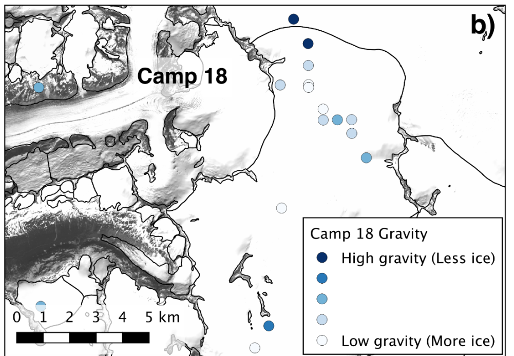 A map of graviemetric sample sites on the Vaughan Lewis and Matthes Glaciers.