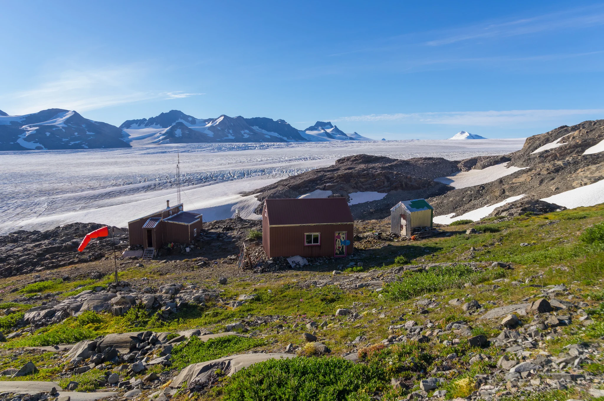 All three buildings of Camp 26 (other than the outhouse). Camp 26 sleeps max 20 people comfortably indoors, so research teams are generally decided in advance and focused on one project. Photo: Daniel Otto.