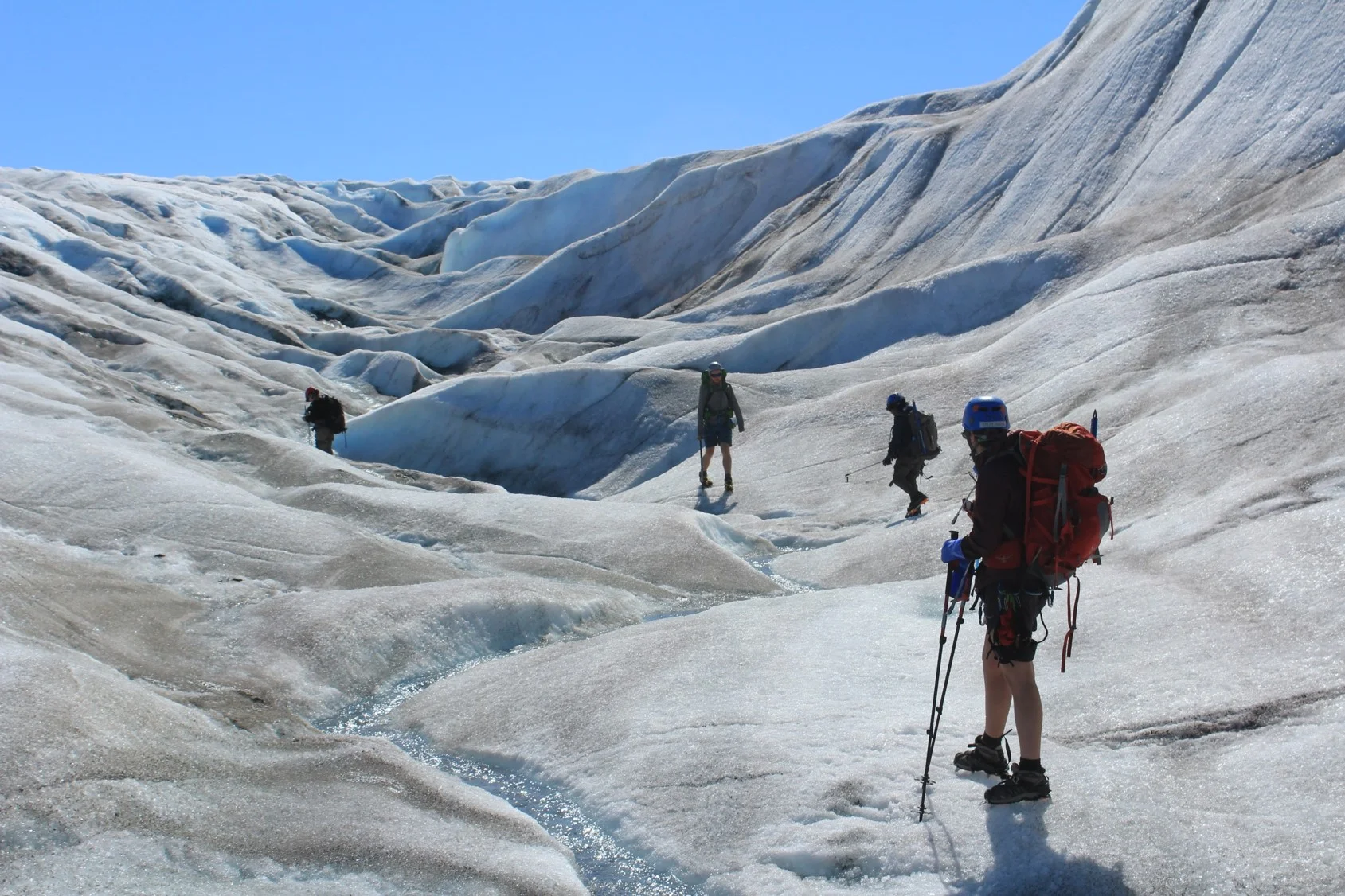 The biogeochemistry student research team explores a supraglacial meltwater stream on the Llewellyn Glacier. Photo: Evan Koncewicz.