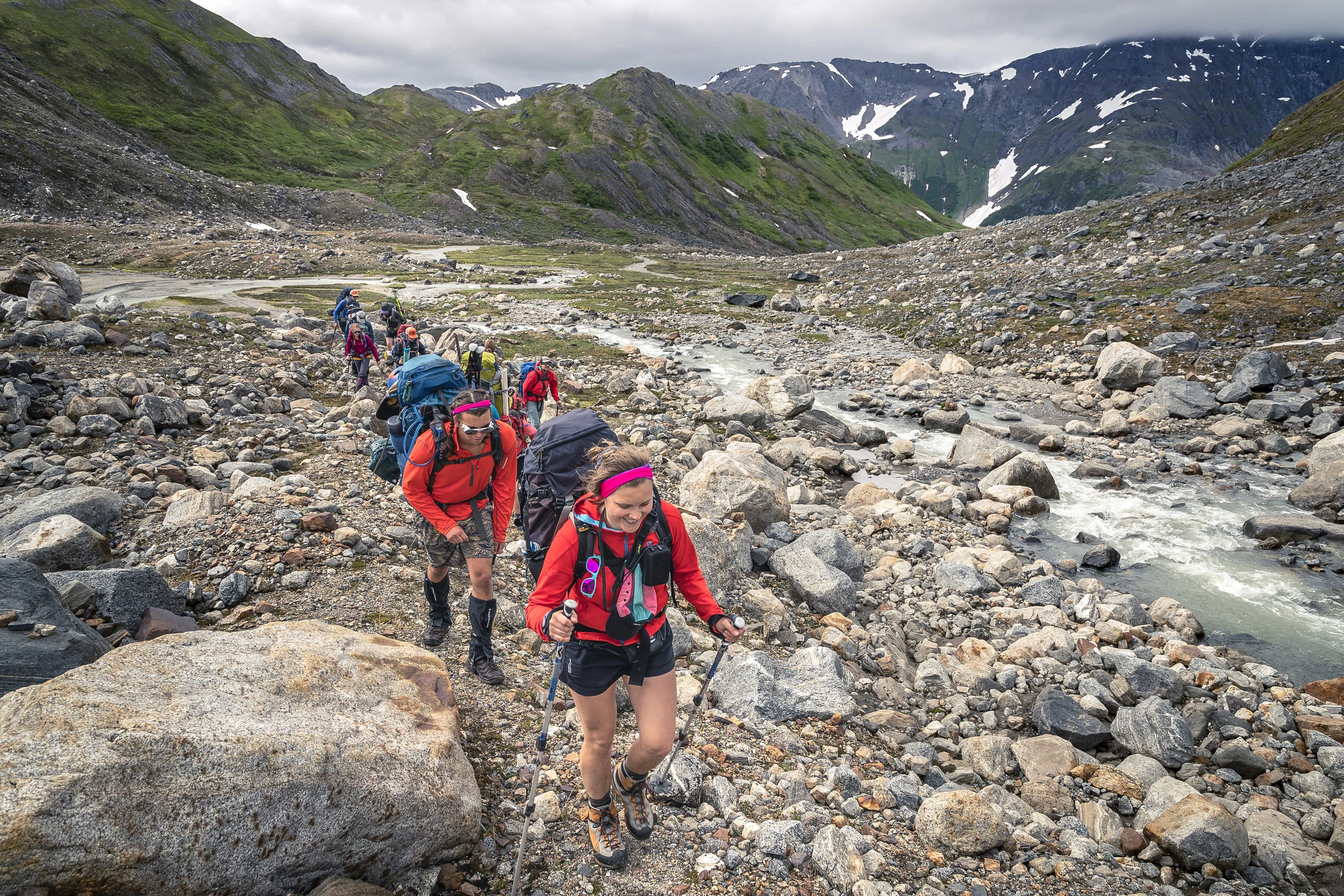 Everyone who comes to Block 1 hikes between Juneau and Camp 17 (we avoid transporting personnel via helicopter). The trail up to Camp 17 is a hiking trail (no skiing or cramponing) and covers a variety of terrain from temperate rainforest, through the rocky periglacial zone, and finally up onto the Ptarmigan Glacier itself. Photo: Andrew Opila.
