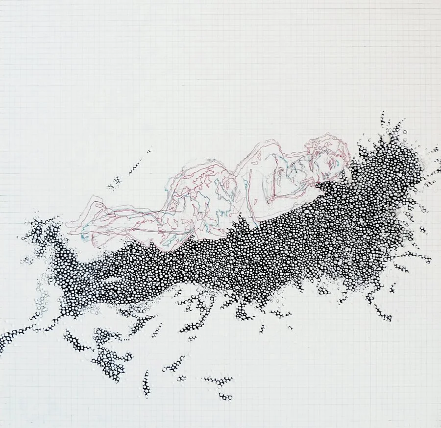  large scale drawing with organic details made of 3D paint and pencils on wood panels showing a couple in love hugging on the floor 