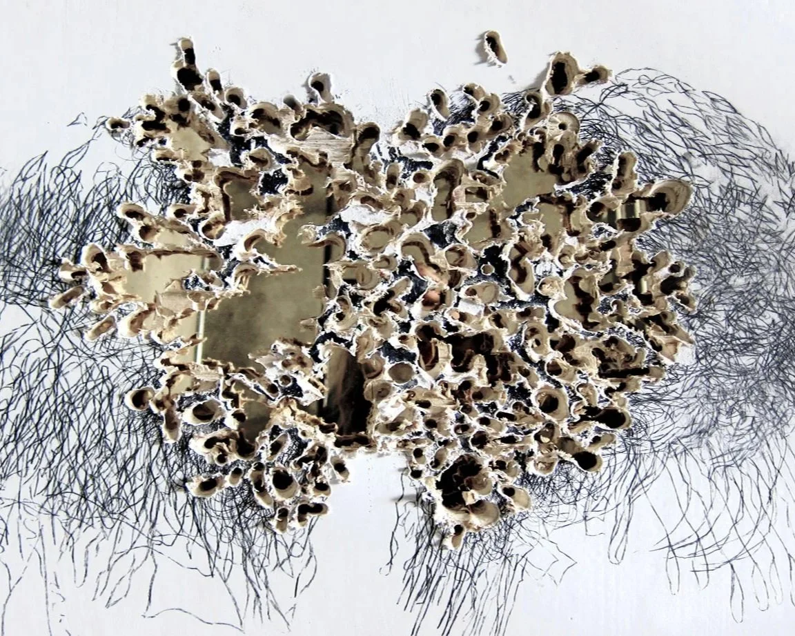  large scale drawing with extreme organic details of a couiple cuddling on wood panel 