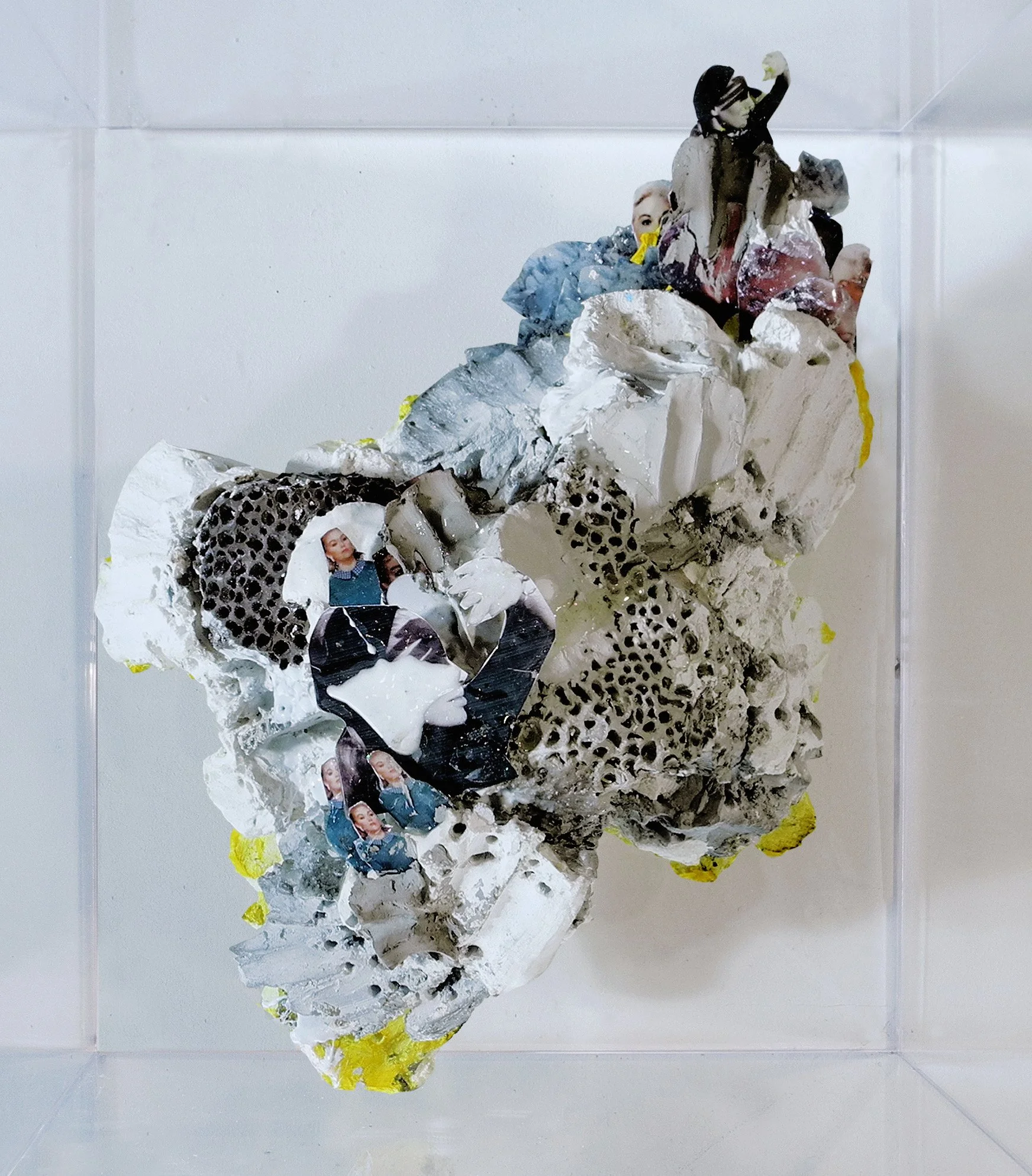 Large scale colored sculpture with concrete plaster and objetcs in a plexiglas box exhibition of a contemporary art gallery in New York