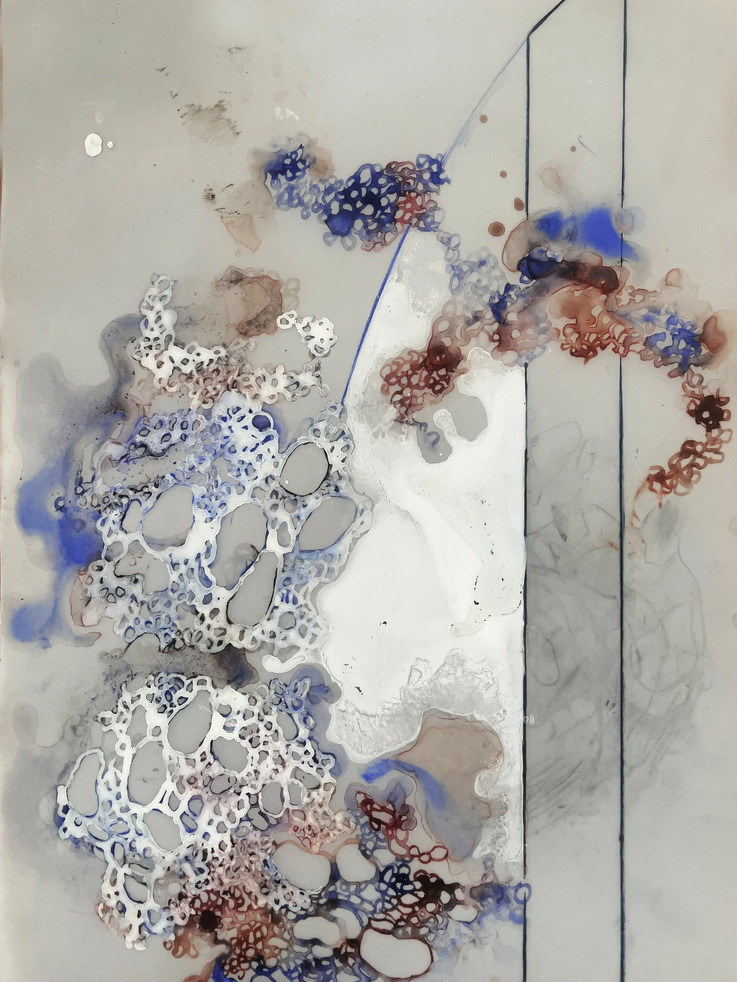 Large scale drawing on tracinf paper made with watercolor and 3D paint depicting an octopus wrapped around an architectural column for a private art collection and a sculpture park