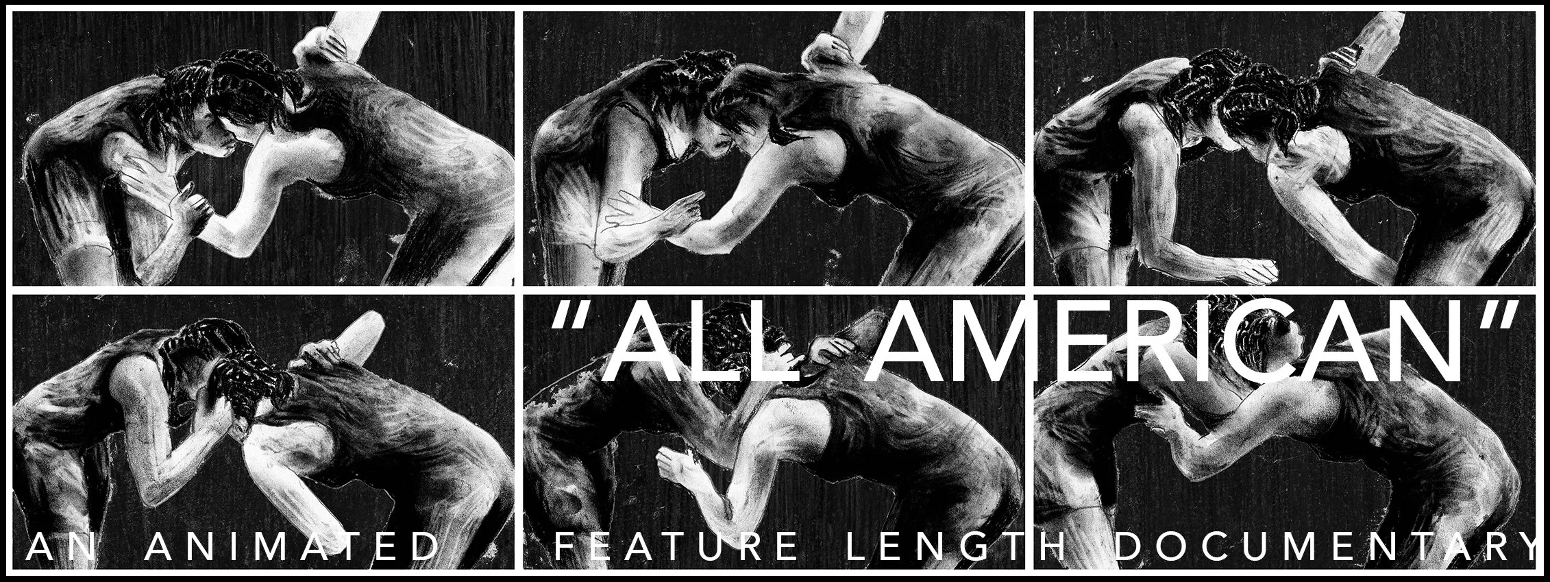 charcoal drawings of a two young women wrestling in high school wrestling team for an animated feature lenght documentary film