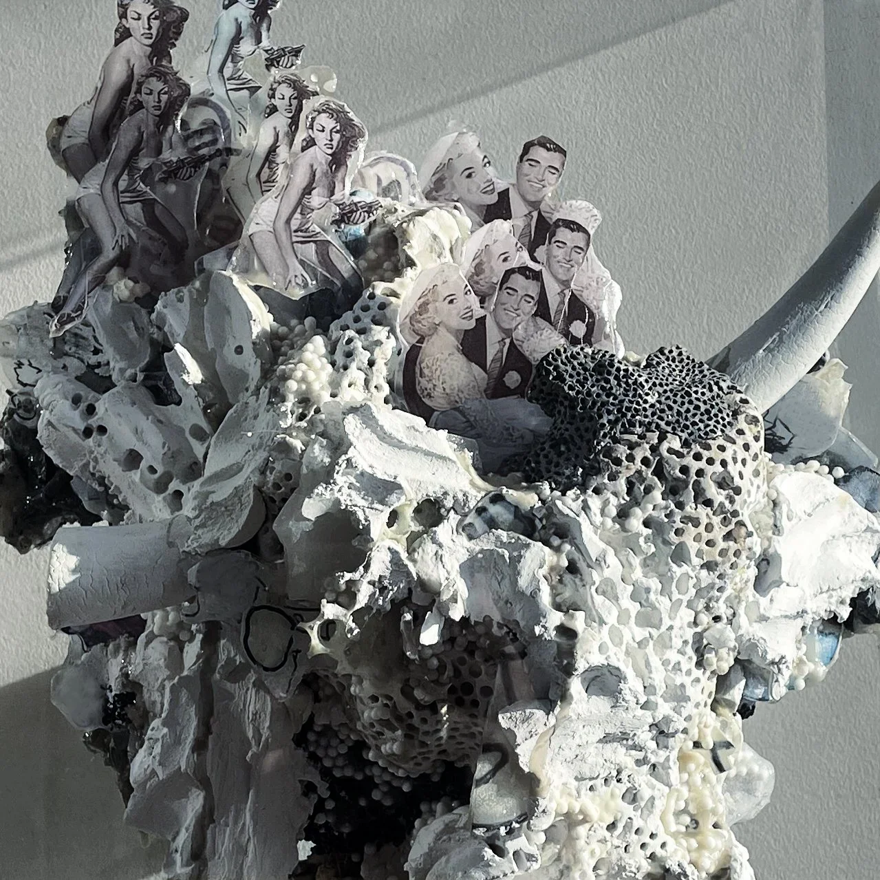 Large scale concrete colored sculpture made with colored plaster and objects, pin up photos in a large plexiglas box exhibited in a new york contemporary art gallery
