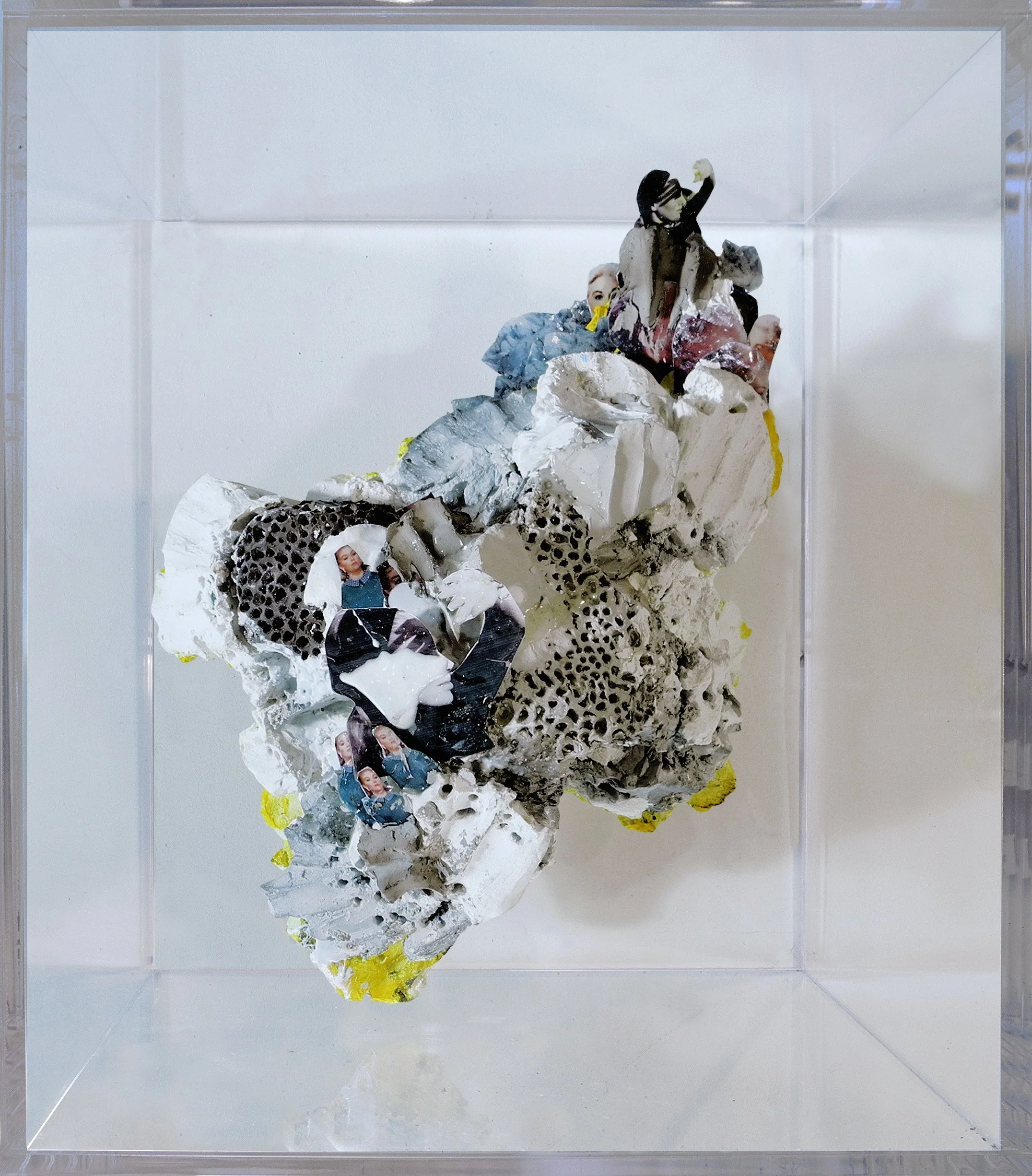 Large scale colored sculpture with concrete plaster and objetcs in a plexiglas box exhibition of a contemporary art gallery in New York