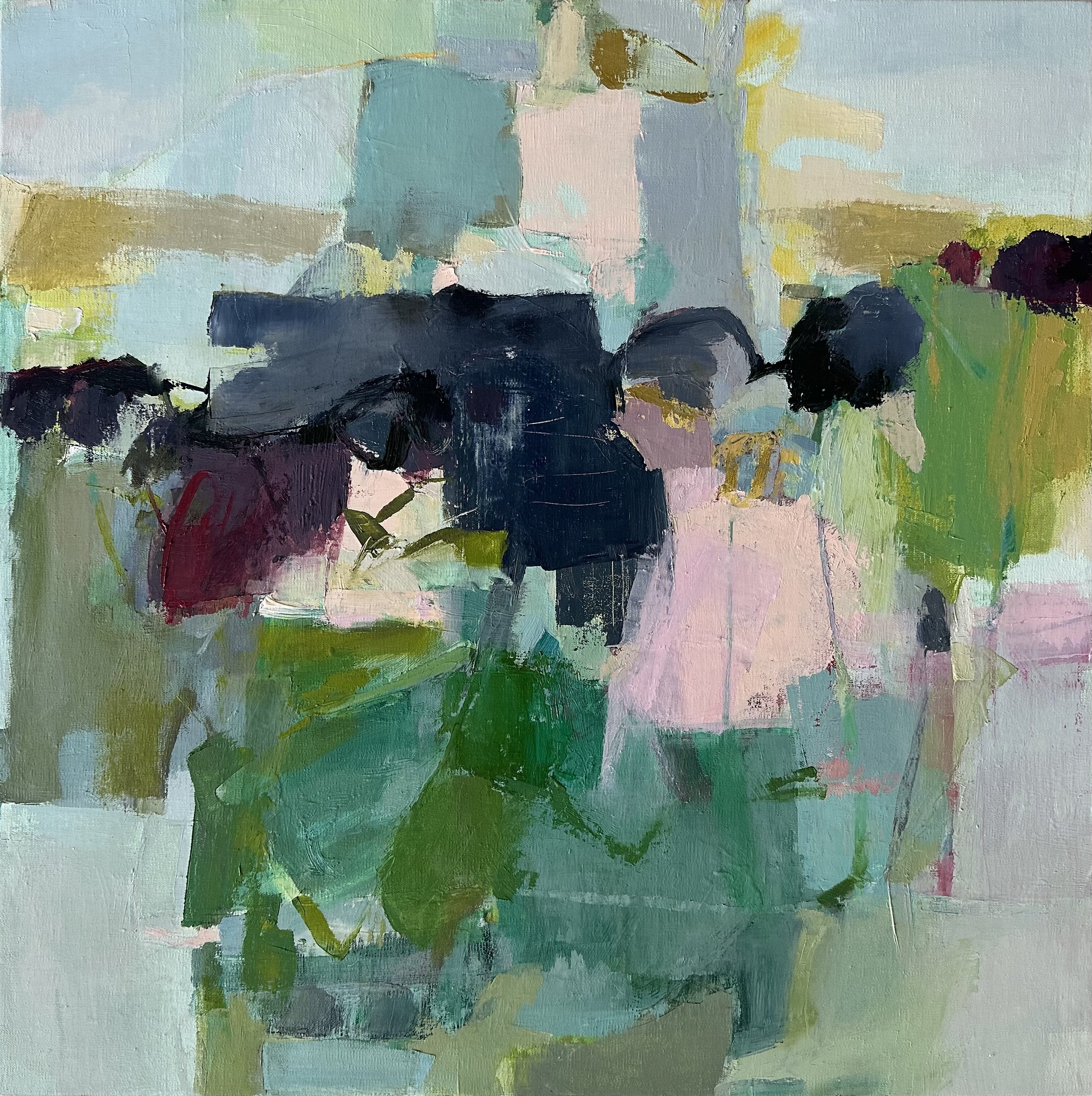 abstract lush painting in varied greens including viridian and olive yellow pinks and rich navy powder puff blue a carousel all around we go