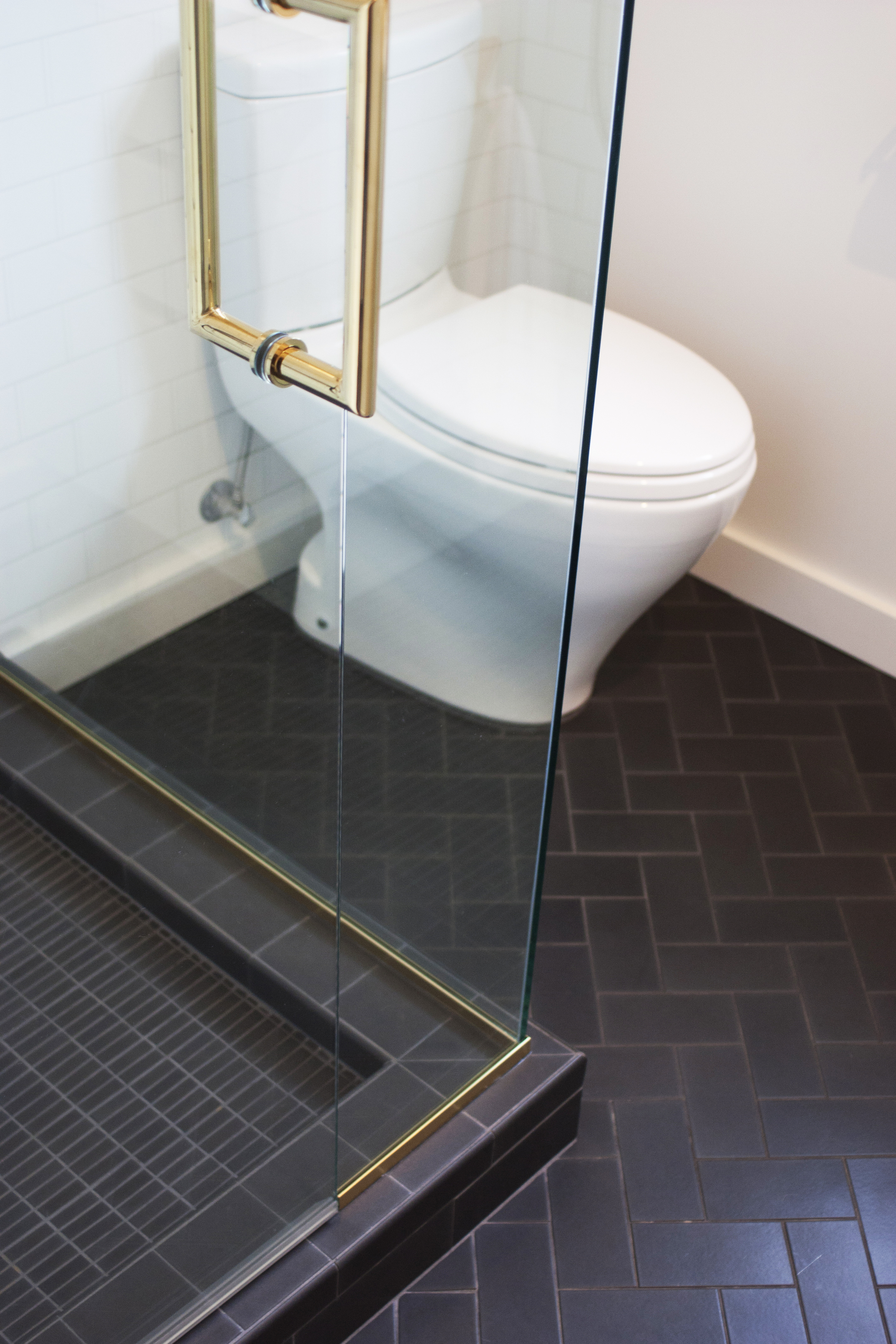 modern bath with brass shower hardware