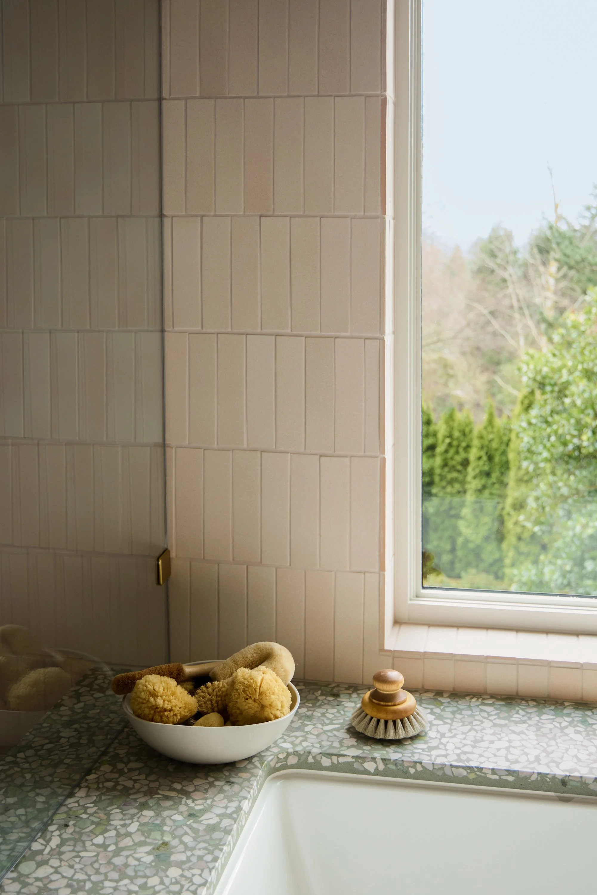 Bathroom countertop with a bowl of natural bath scrubs and a brush with a wooden handle, next to a window with a view of trees outside.