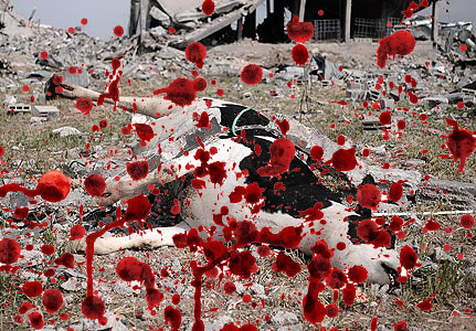 A dead cow lies in the rubble on January 19, 2009 in Jabalia's Ezbet Abdrabbo neighborhood. A tenuous ceasefire held today in Gaza, where Palestinians dug out from the rubble and Hamas put on a show of defiance vowing to fight on after the Jewish state's deadliest war on the strip. AFP PHOTO OLIVIER LABAN-MATTEI (Photo credit should read OLIVIER LABAN-MATTEI/AFP/Getty Images)