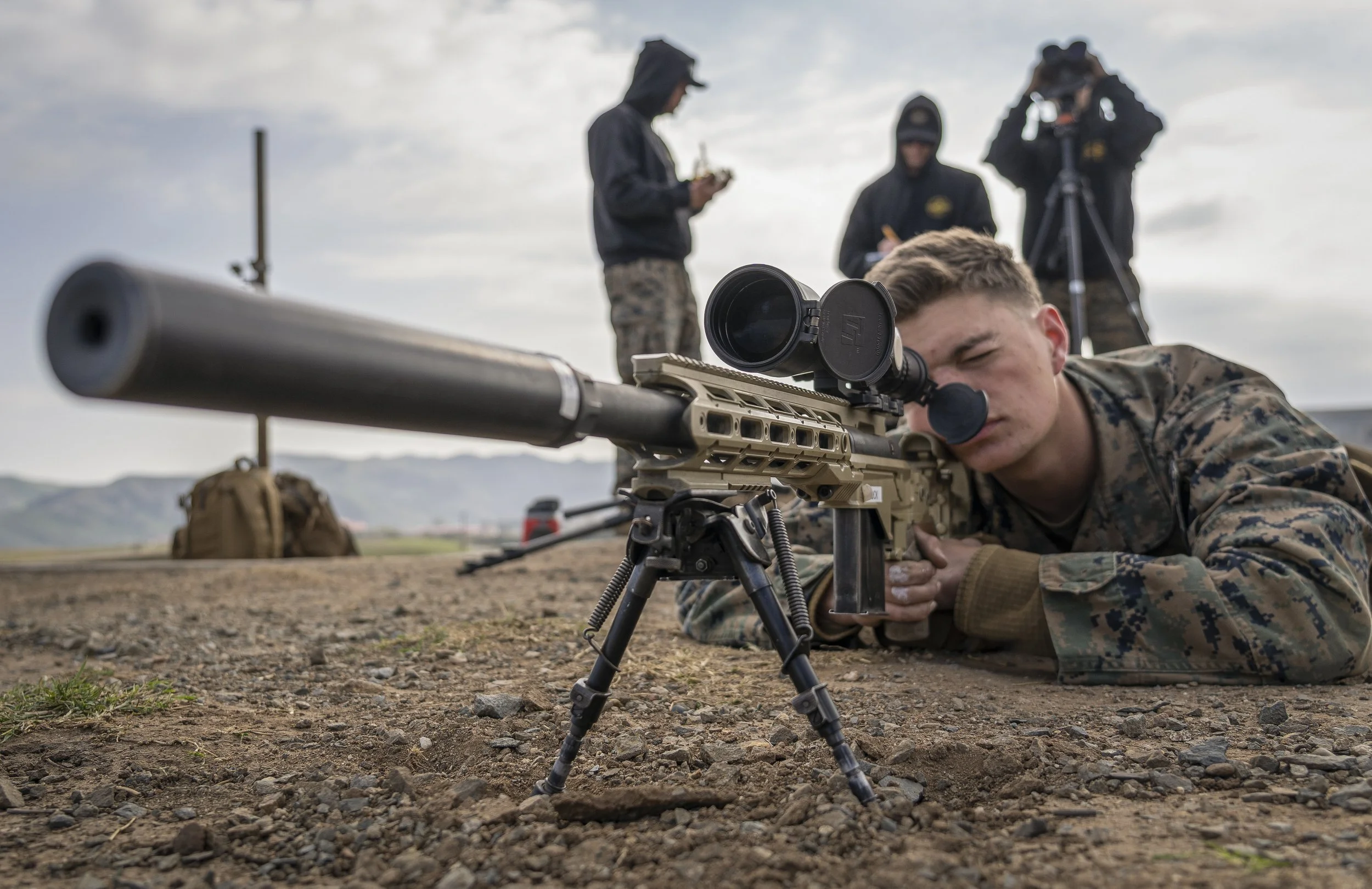  A student in the Reconnaissance Sniper Course sights in on an M110 Semi-Automatic Sniper System (SASS) during known-distance marksmanship training on Camp Pendleton Feb. 10. Photo by Ethan E. Rocke/Coffee or Die Magazine. 