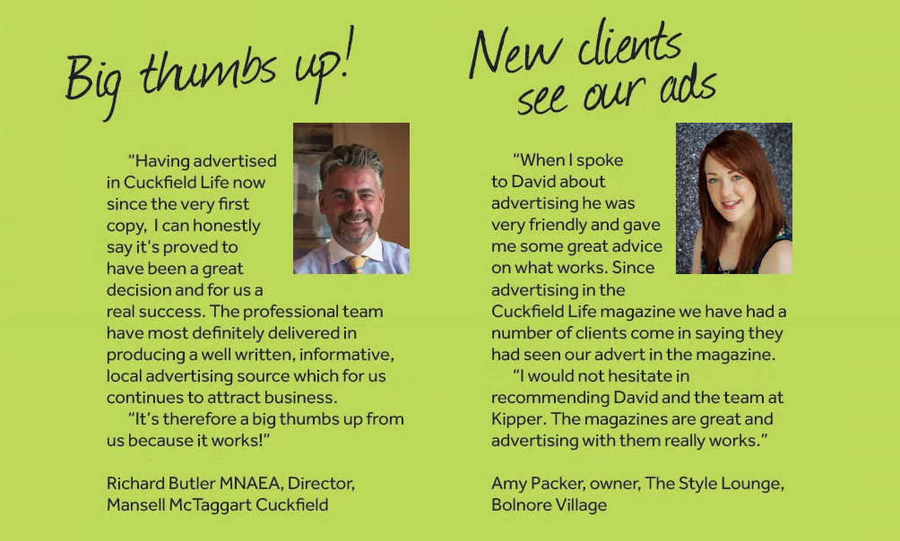 Richard Butler & Amy Packer talk about their successful advertising in Cuckfield, with Cuckfield Life magazine