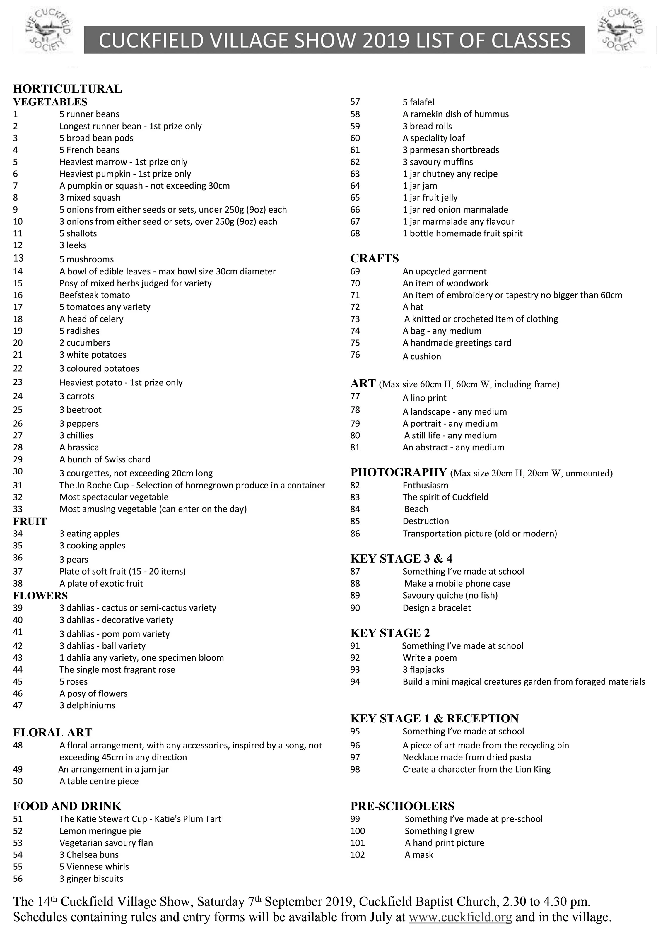 Cuckfield Village Show entry classes 2019