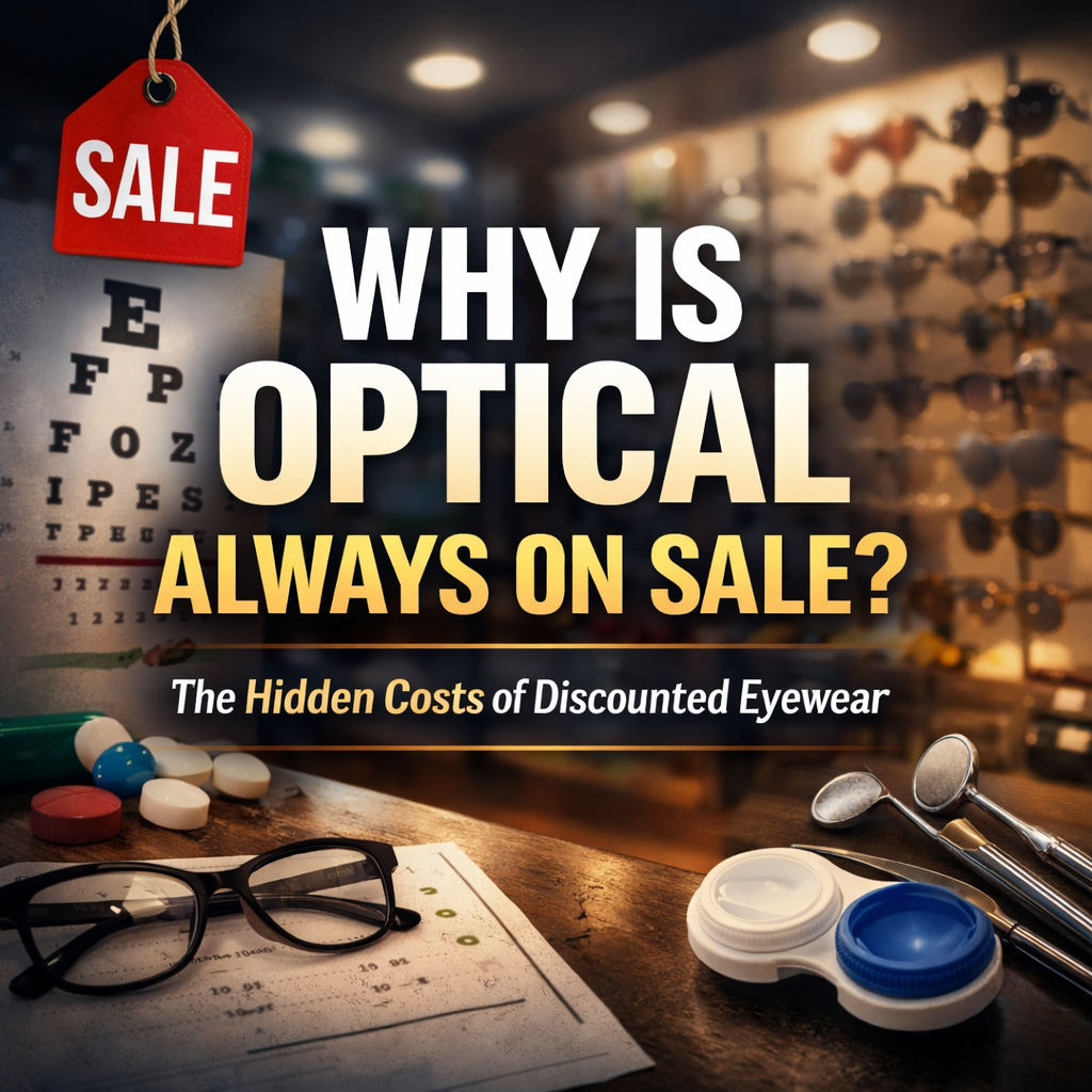 Graphic asking “Why Is Optical Always on Sale?” showing eyeglasses, a sale tag, an eye chart, and contact lenses, illustrating the hidden costs of discounted eyewear.