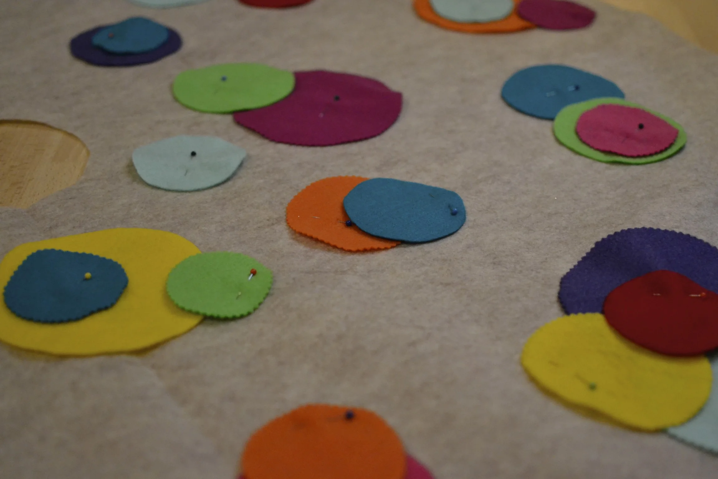 i then randomly laid out the circles, layering some on top of others. once i found a mix that i liked, i pinned everything down into place. 