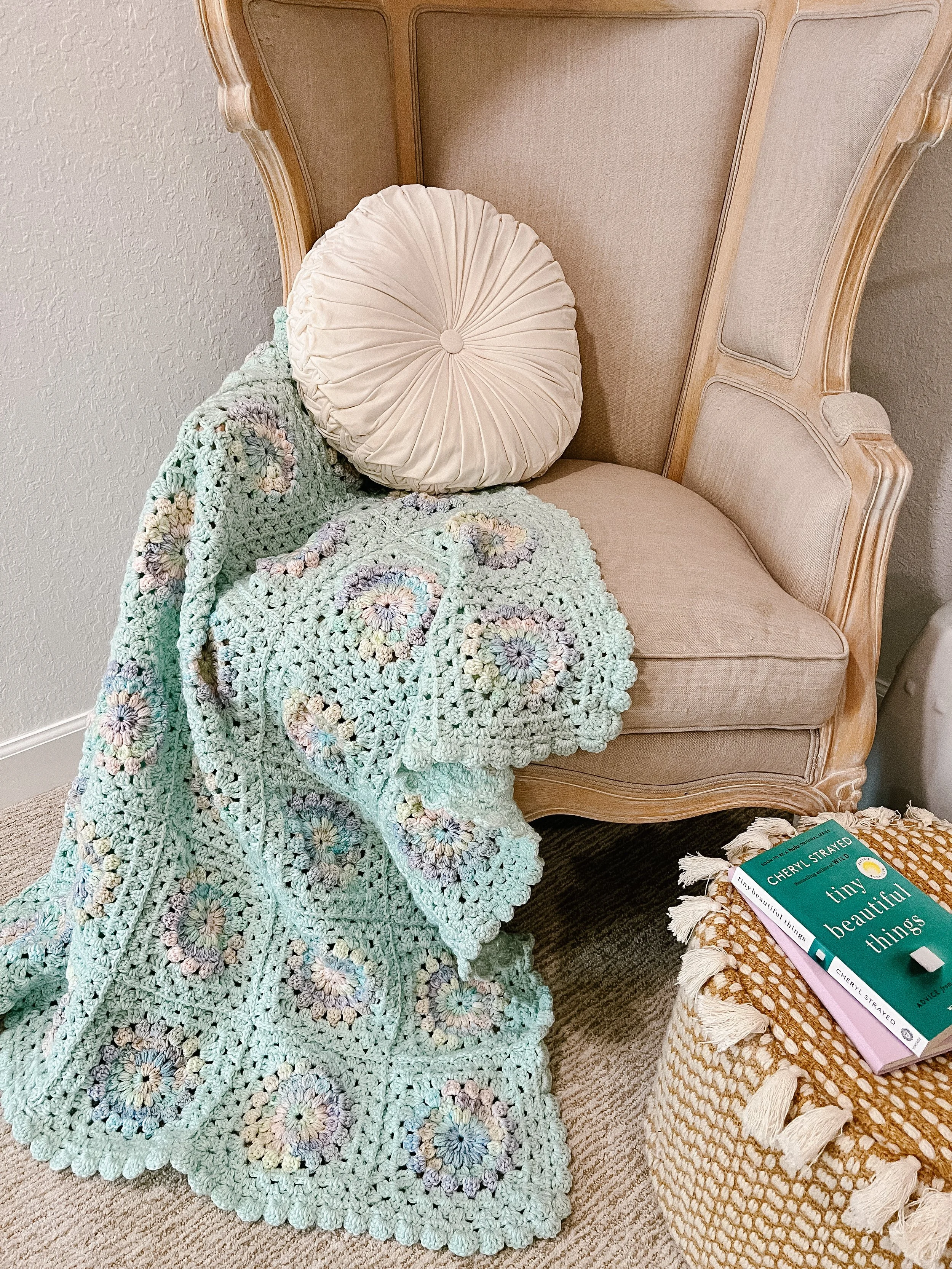 PREORDER Handmade Sunburst Granny Square Blanket: Multi Color Pastel + Aqua