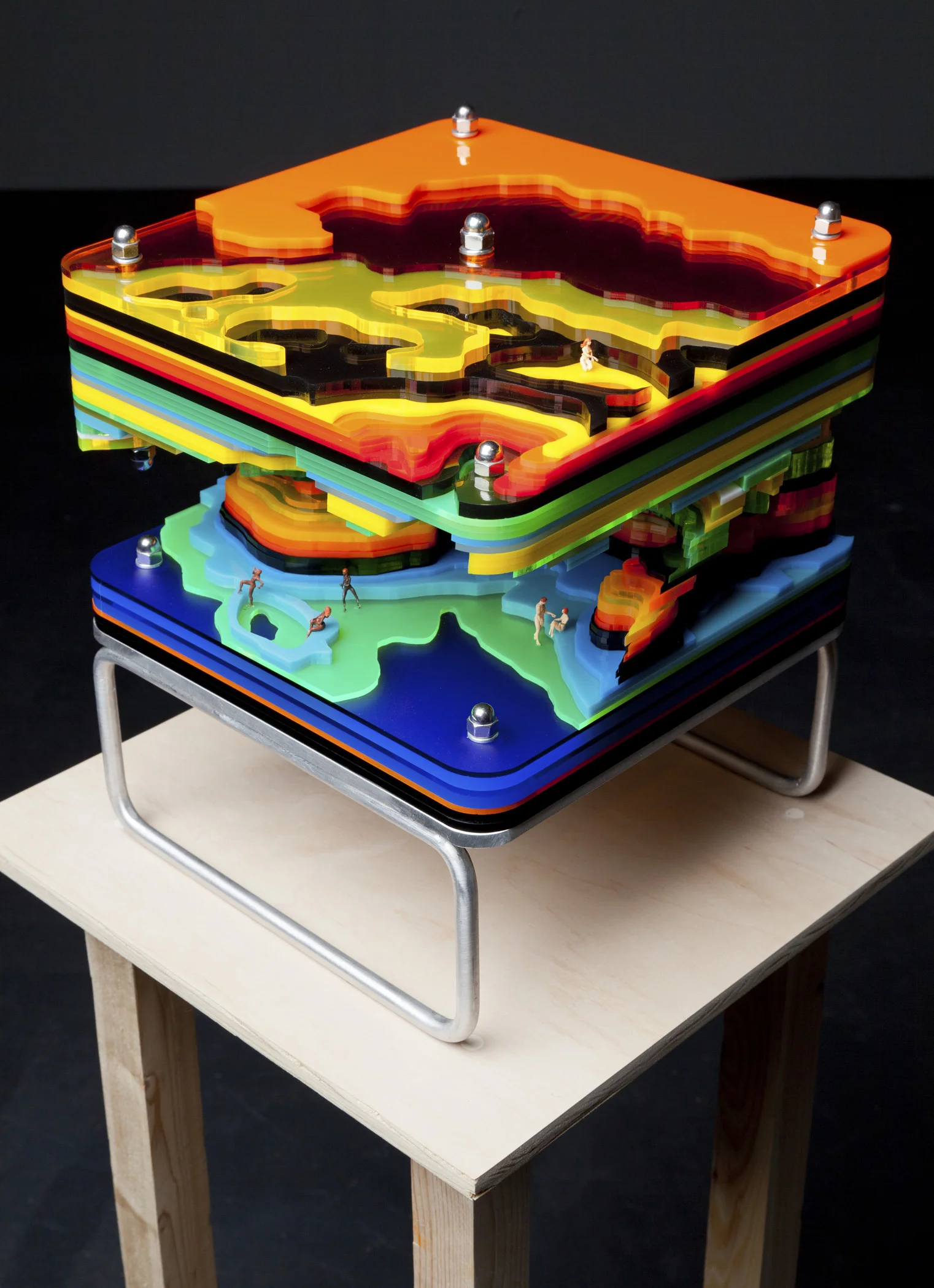 Hideaway , 2012, acrylic, HO-scale figures, aluminum, 12 x 10 x 10"