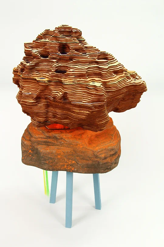 Mitzi, 2016, wood, found ceramic, acrylic, resin, paint and hair extensions, 24 x 16 x 12"