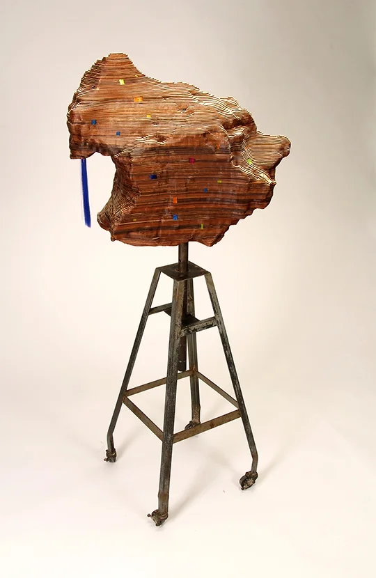 Barbra , 2016, wood, acrylic, found sculpture stand, hair extensions, 57 x 27 x 21"