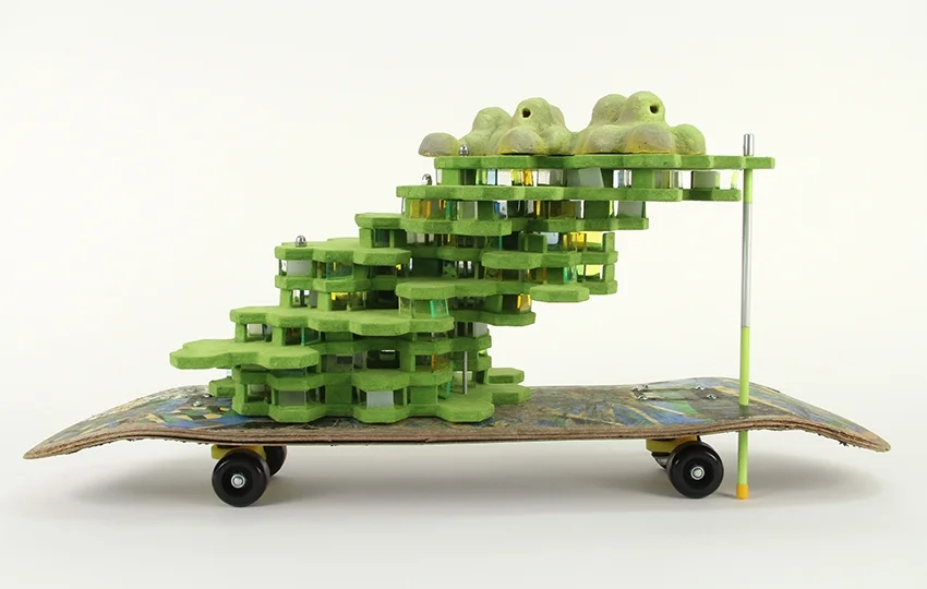 Experiment #3 , 2016, skateboard, ceramic, wood, flocking, acrylic, and paint, 14 x 30 x 12"