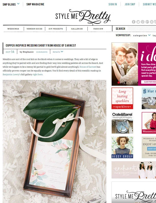 Featured on Style Me Pretty . Stationary design for a styled-wedding. Styled by House of Earnest and photography by Benjamin Lowry Photography .