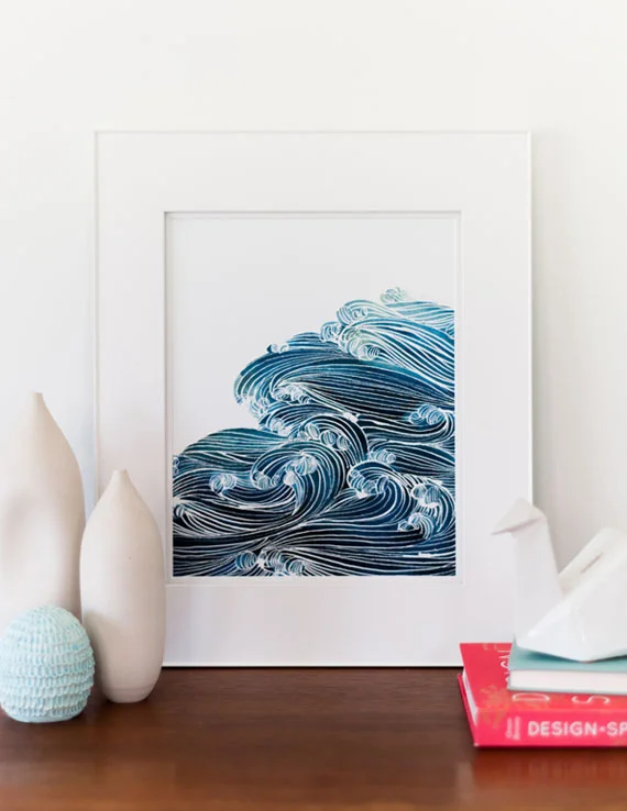 Yao Cheng Design- Ocean Waves in Blue- Watercolor Art Print, Framed