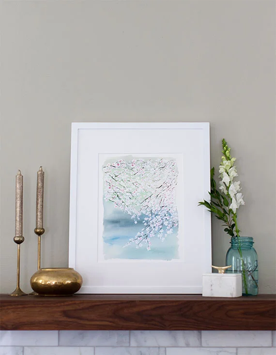 Yao Cheng Design- Cherry Blossoms on a Lake- Watercolor Art Print, Framed