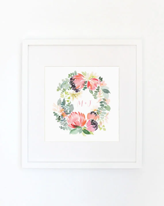 Yao Cheng Design - Protea Wreath - Watercolor Art Print, Framed