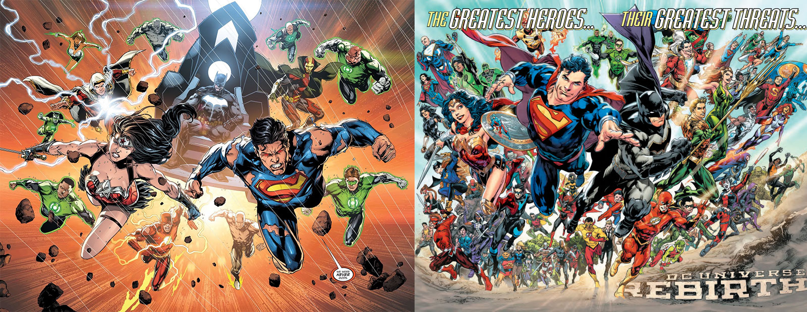 Even the splash pages from Justice League #50 (left) and DC Universe: Rebirth #1 (right) signal a change in tone. Grizzled warriors on the left turn into smiling, hopeful heroes on the right. It's like a microcosm for the shift that's happening. And both of these books were published on the same day!