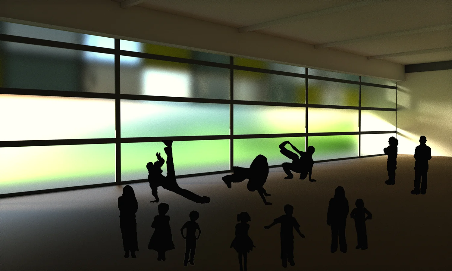 A flexible dance studio showcases a diffused, abstracted view of the playgrounds, allowing ample light and color into the space while also maintaining a sense of privacy and comfort for shy students. A rotating group of visiting local dancers and artists would provide engaging lessons and a strong connection with the surrounding community. 
