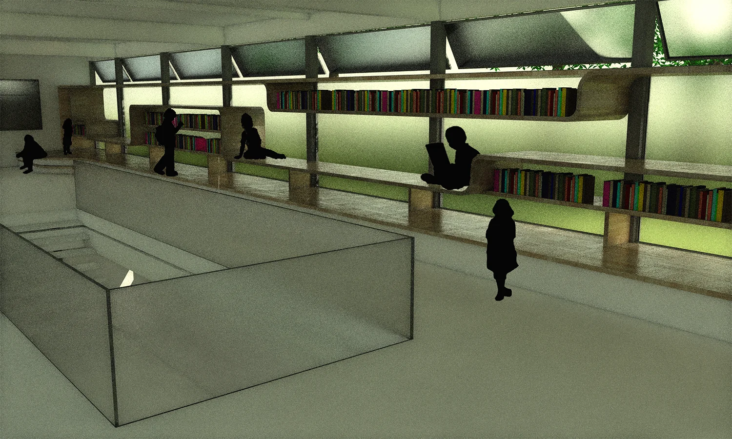 The library is located on the north facade in order to provide indirect daylight, ideal for reading and studying. Built-in shelving doubles as a series of dynamic reading nooks as well as an organizational device, with older grades finding their reading materials on the higher shelves.
