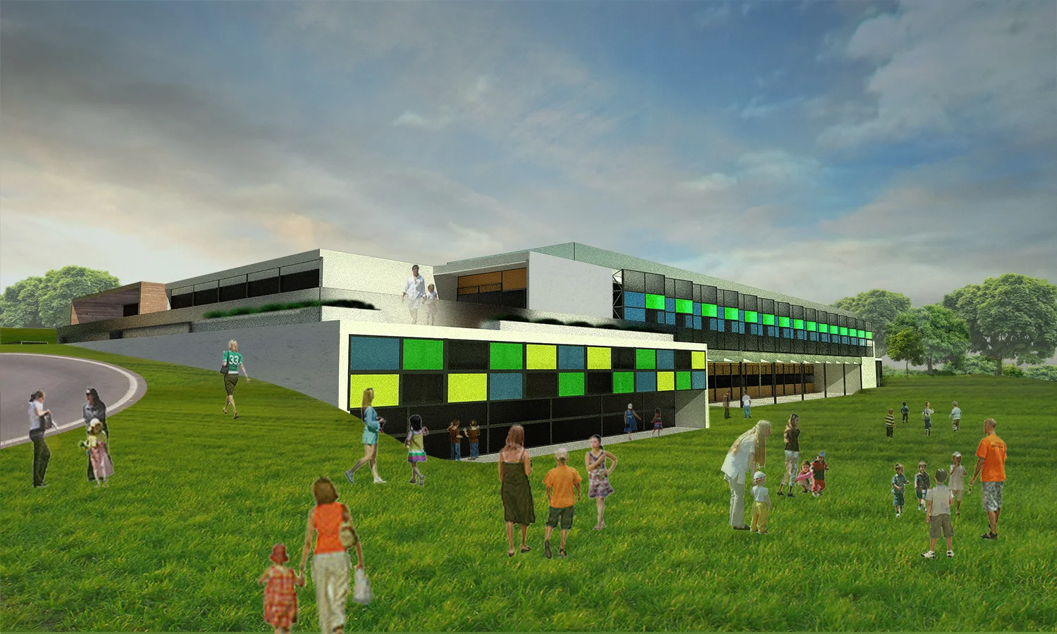The core of this design is based upon the conceptual idea of a child laying on a hil lside, daydreaming in the shadow of a tree. By following this ideal, the courtyard school creates a peaceful sense of isolation from the activity of the surrounding city. This courtyard school, located on the eastern edge of Downtown Kansas City, is buried into a bluff overlooking the West Bottoms and Missouri River. 