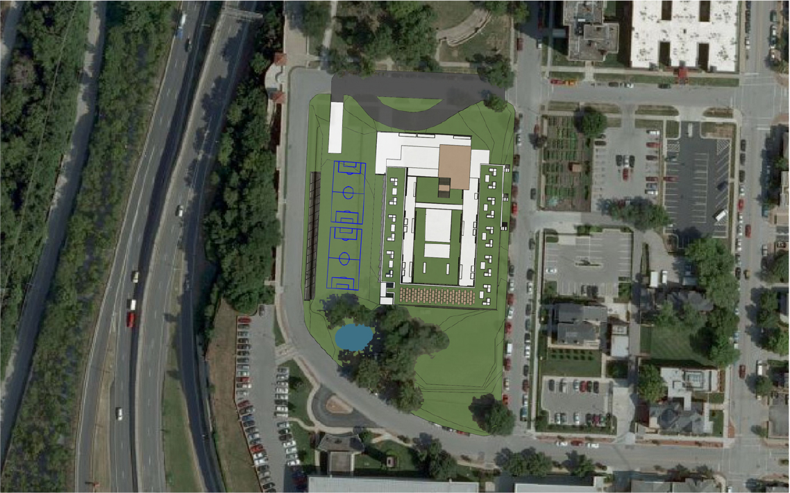 A minimal footprint on the site was used to maximize green space for the students and neighborhood, in effect creating an extension of the public park to the north.