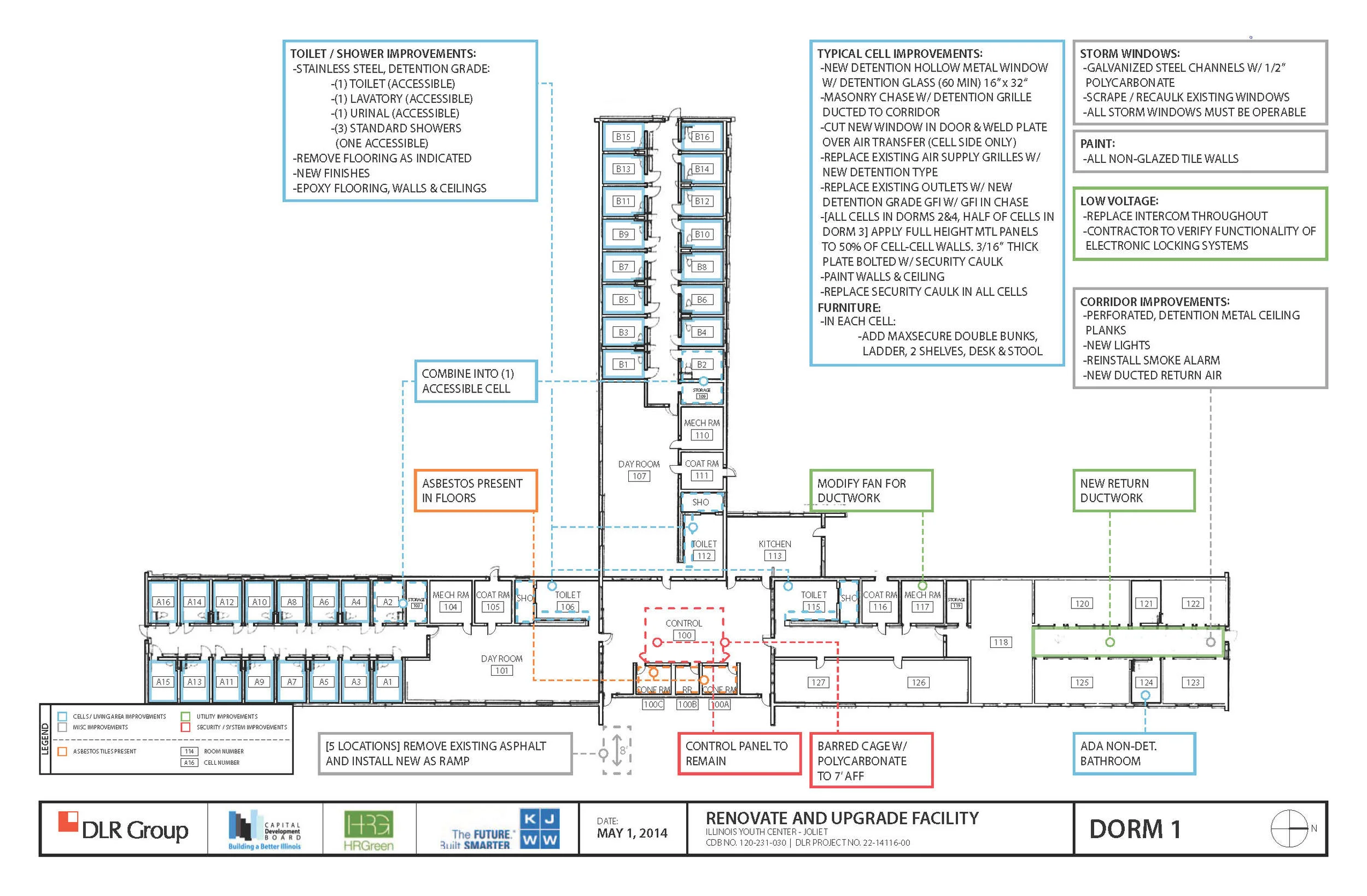 Schematic plans for one of the housing units, detailing the various changes by location and category.