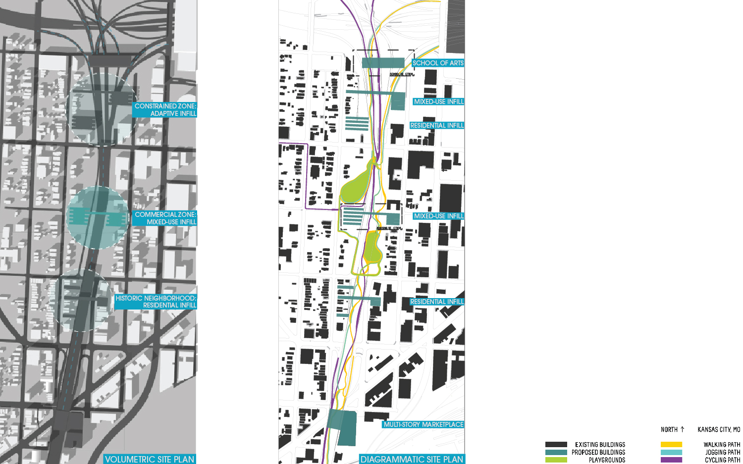 Innovation requires seeing your design constraints as opportunities. When the interstate highway first cut through this area of Kansas City, the residential Westside neighborhood was both physically and psychologically separated from the more urban Crossroads District. In the decades since then, the differences between the two neighborhoods have continued to increase. This project sought to find a way to repurpose the highway structure between the two in order to stitch the neighborhoods back together in harmony, as a stronger community,