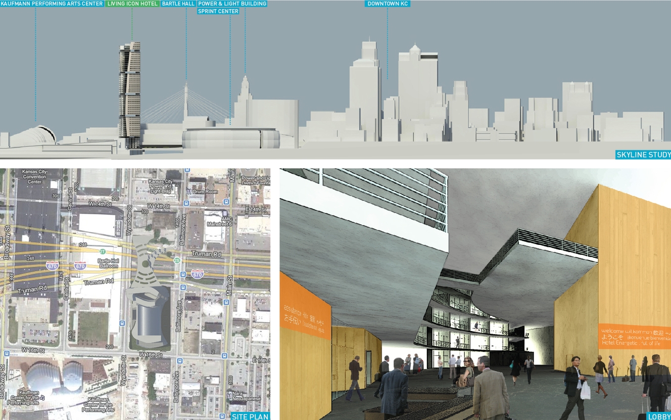 This proposal, which combines a large-scale convention center, skyscraper hotel and an urban retail streetscape, would provide Kansas City with an icon of sustainability, as well as a breath of new life for the area’s nightlife. This complex was designed to complement and support Kansas City’s major convention center, Bartle Hall, as well as the new and acclaimed Kaufmann Performing Arts Center.