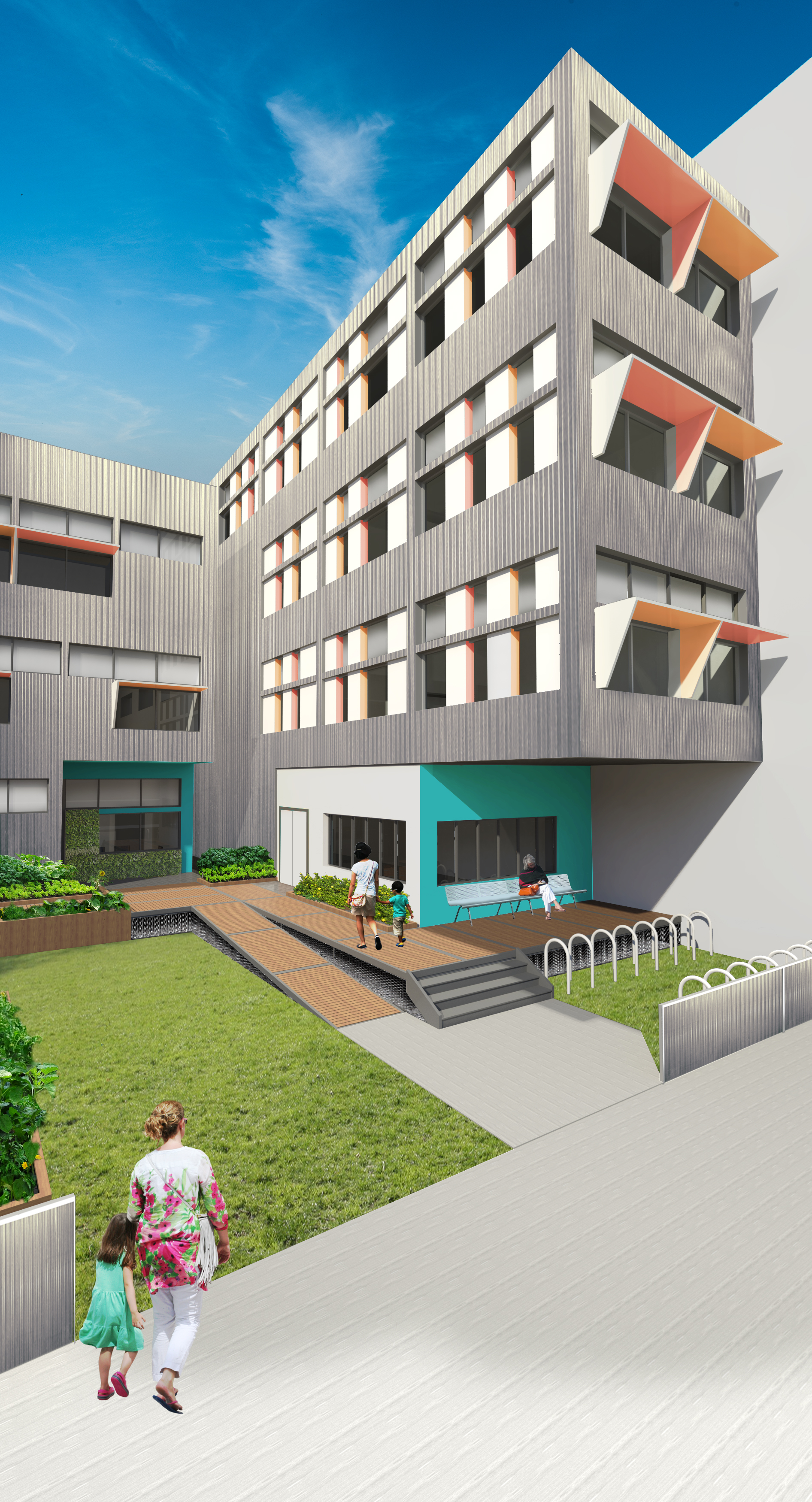 The structure at the east end contains a wide range of tenant services configured to help reduce a variety of financial and emotional pressures. A dedicated support staff at the lower floor increases security, while also being on hand to respond to any tenant needs. Childcare services and tutoring spaces support education while providing a safe social space after school, reducing the emotional and fiscal pressure of finding care and allowing parents to put more energy towards pursuing their own opportunities. Finally, a dedicated social space on the top floor provides space for large gatherings and impromptu activities, especially during the cold months.