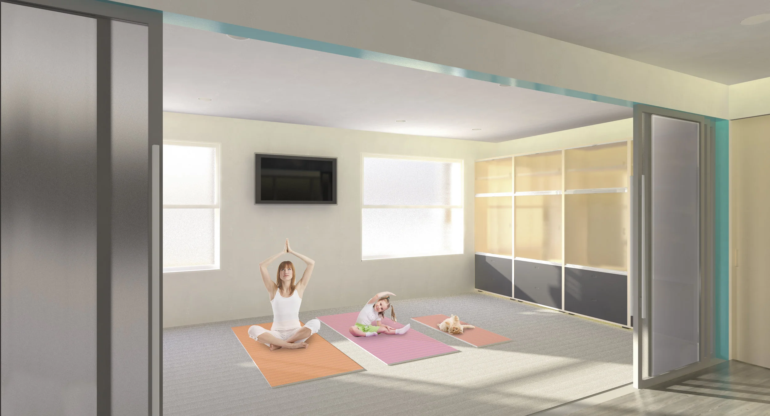 Front Bedrooms / Adaptable Layout This option shows an open fitness room layout.