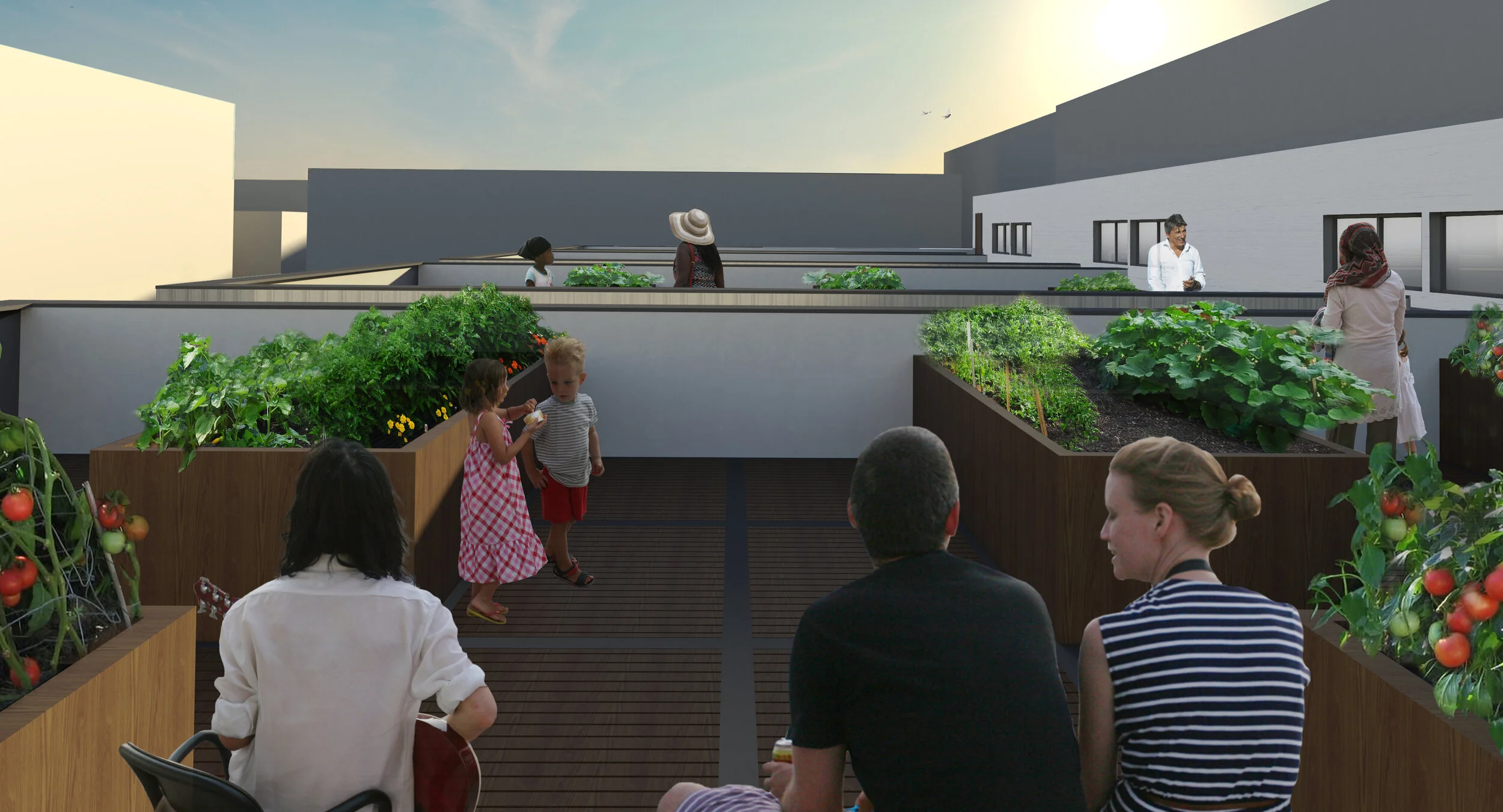 Rooftop Gardens A series of integrated gardens act as a multi­-faceted resource, reducing grocery costs and improving dietary independence. They also allow for the therapeutic benefits of hands­-on work, nurturing living things, physical activity an…