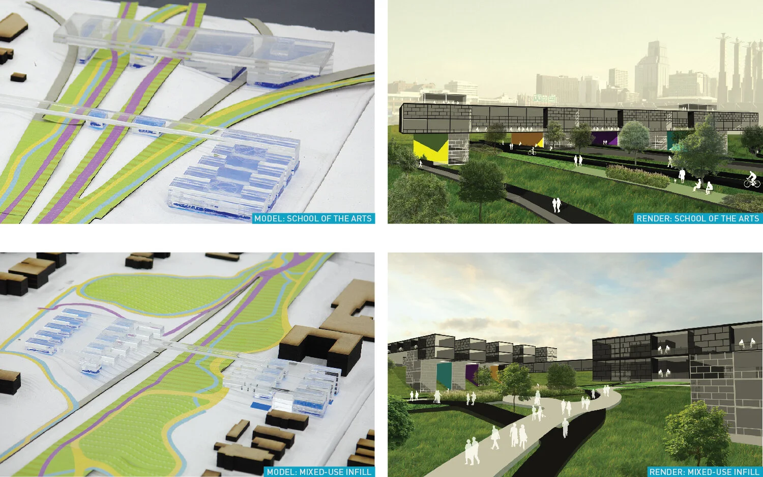 The northern end of the site houses a new school of the arts and dance, complementing KC’s new Performing Arts Center, with the repurposed highway pathways running beneath it and branching out to different connection points among the nearby neighbor…