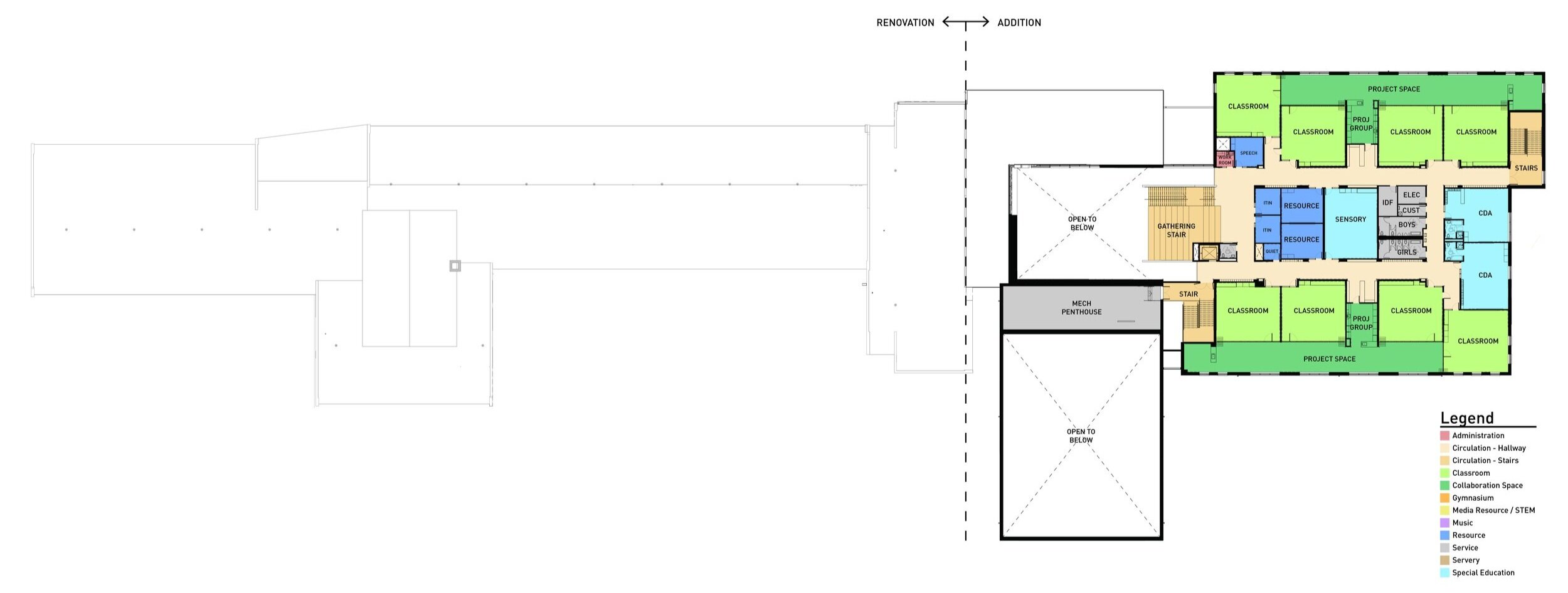 Second Level Floor Plan Most crucially, the new classroom wings on both levels of the addition are organized around shared Project Spaces, providing each grade its own dedicated space for breakout, collaboration, and educational exploration. The bac…
