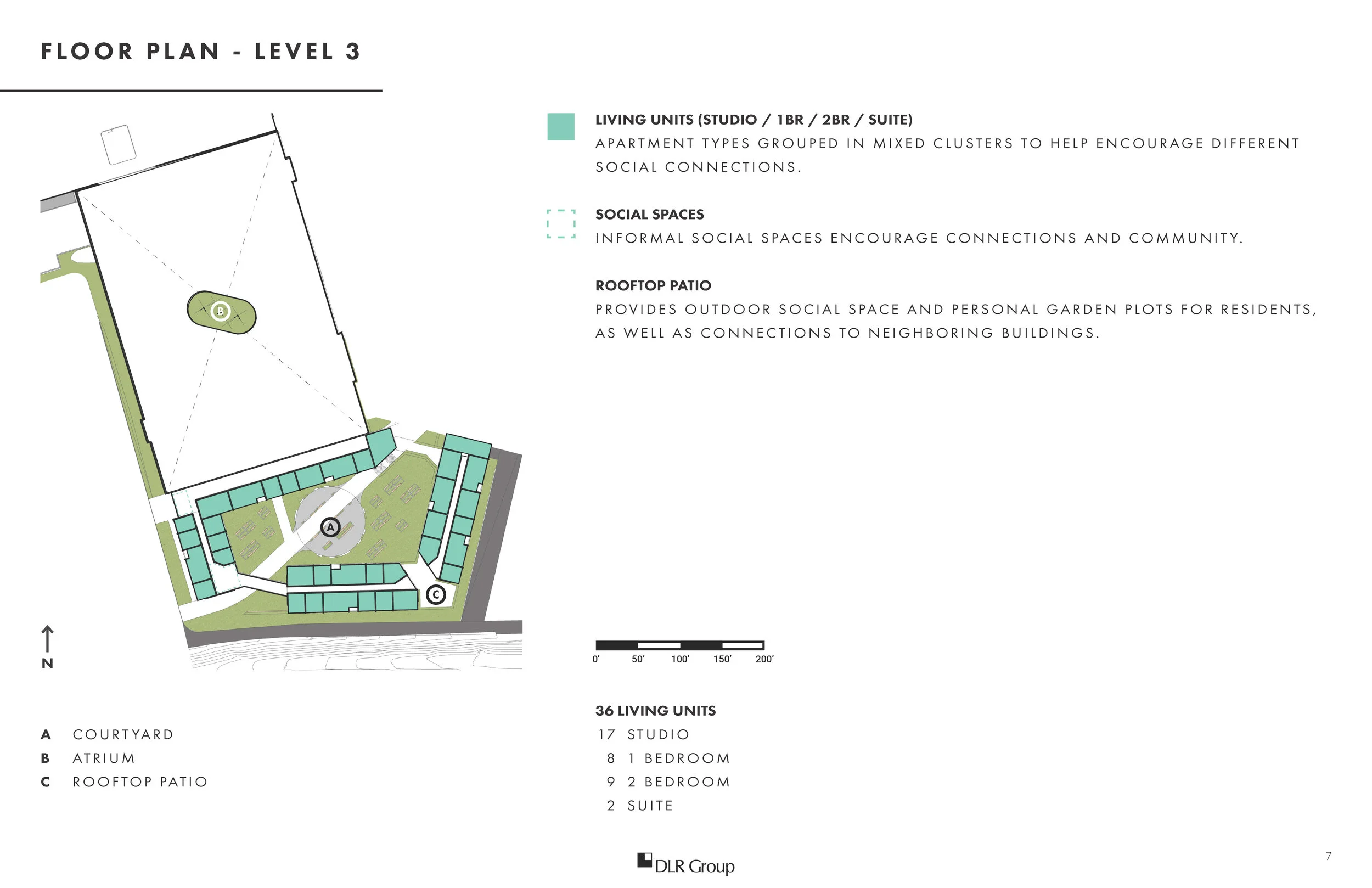 The building circulation was designed as a loop in part to provide a secondary low impact exercise option for residents during cold winter months.
