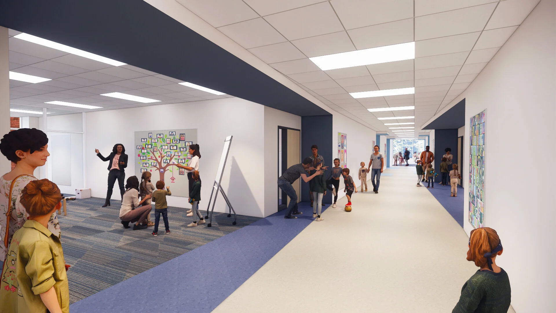 Corridor and Collaboration Spaces Bold accent colors, strategic use of ceiling soffits, large expanses of glazing at both ends of the addition, and placement of the collaboration spaces on either side of the corridor help the space feel open and ene…